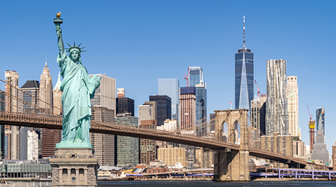 Brooklyn bridge with cityscape of Lower Manhattan skyscrapers skylines bulding New York City in New York State NY , USA. Lower Manhattan is the largest financial district in the world.